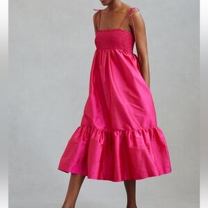 Dhruv Kapoor Shine fuschia hot pink smocked bodice midi dress